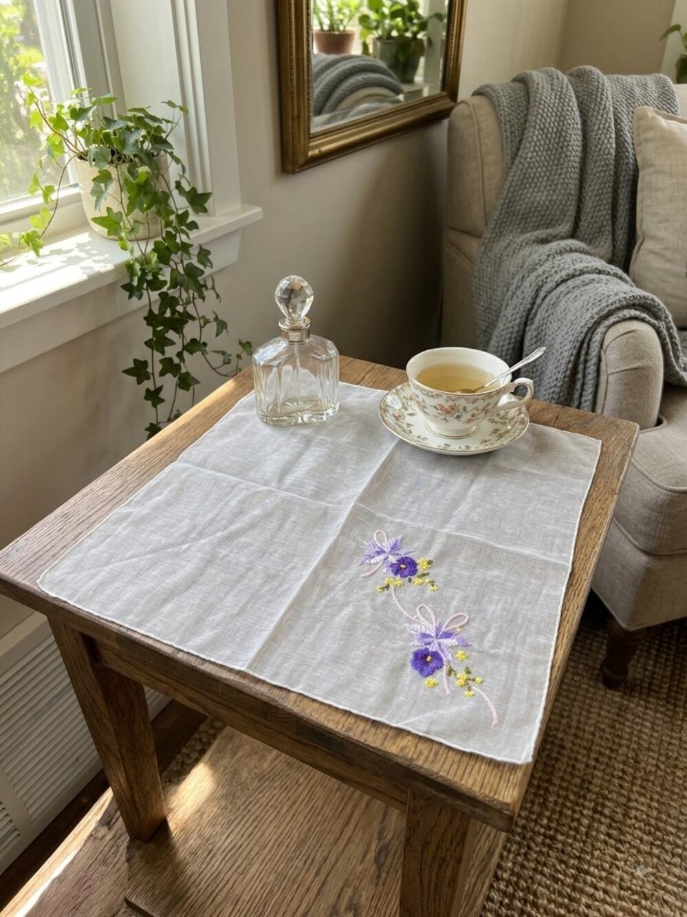 Vintage 1950s Embroidered Purple Pansy & Violet Handkerchief